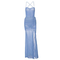 Printemps Été Vêtements Femme Populaires Robe Fendue Sans Dos Couleur Unie Livraison
