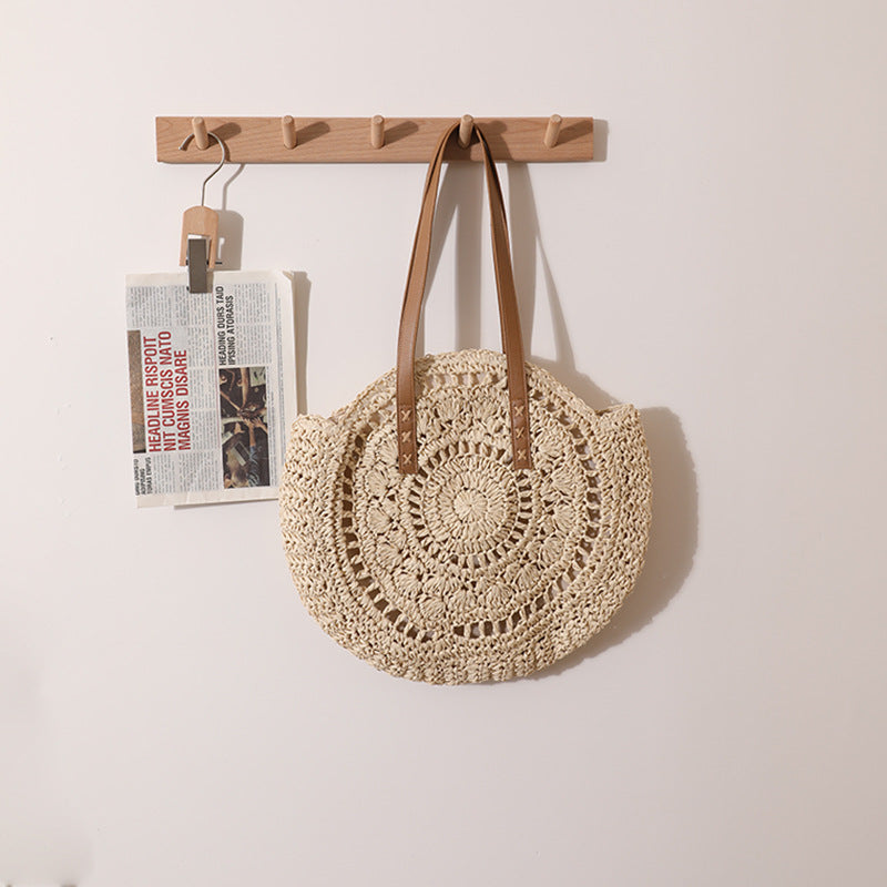 Sac de paille rond à une épaule, portable, creux, découpé, sac de paille tissé, sac de plage décontracté d'été pour femmes