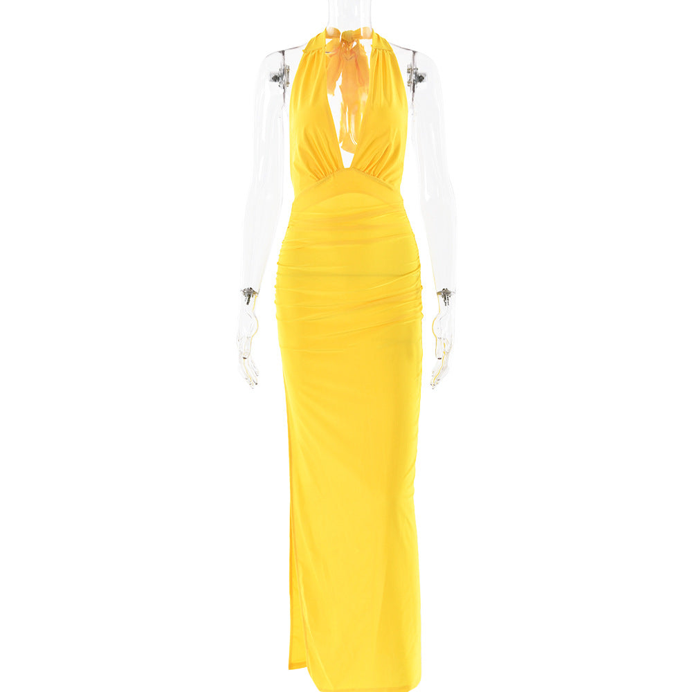 Sommer sexy V-Ausschnitt Neckholder rückenfreies Kleid einfarbiges Kleid mit Schlitz
