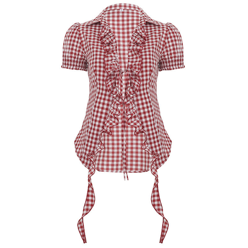 Chemisier écossais rouge pour femme, vêtement plissé, effiloché, à lacets, manches bouffantes, t-shirt manches courtes