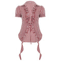 Chemisier écossais rouge pour femme, vêtement plissé, effiloché, à lacets, manches bouffantes, t-shirt manches courtes