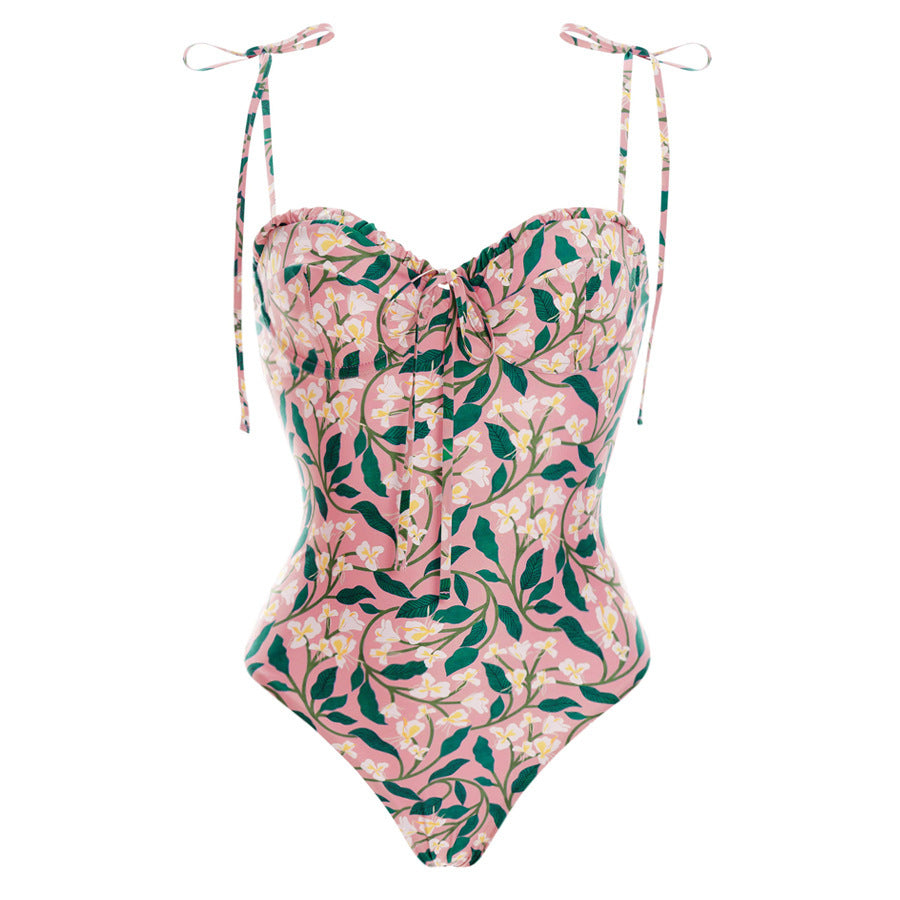 Damen Schnürung Einteiler Damen Bademode Französischer Retro-Badeanzug Bauchweg Schlankmachender Badeanzug Chiffon Strandkleid