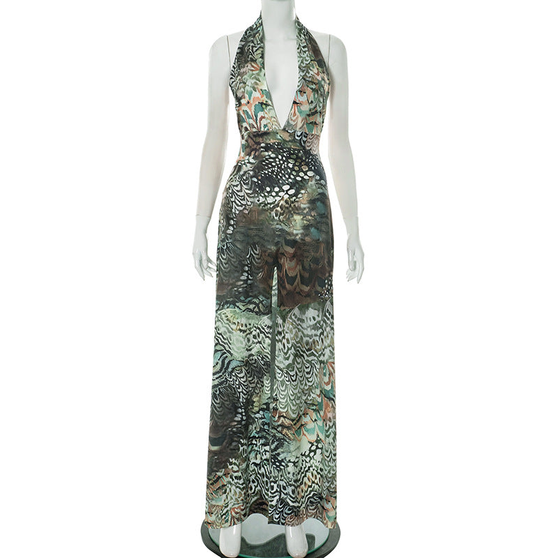 Robe Femme Élégante Col Licou Plongeant Dos Nu Taille Serrée Fendue Imprimé Abstarit