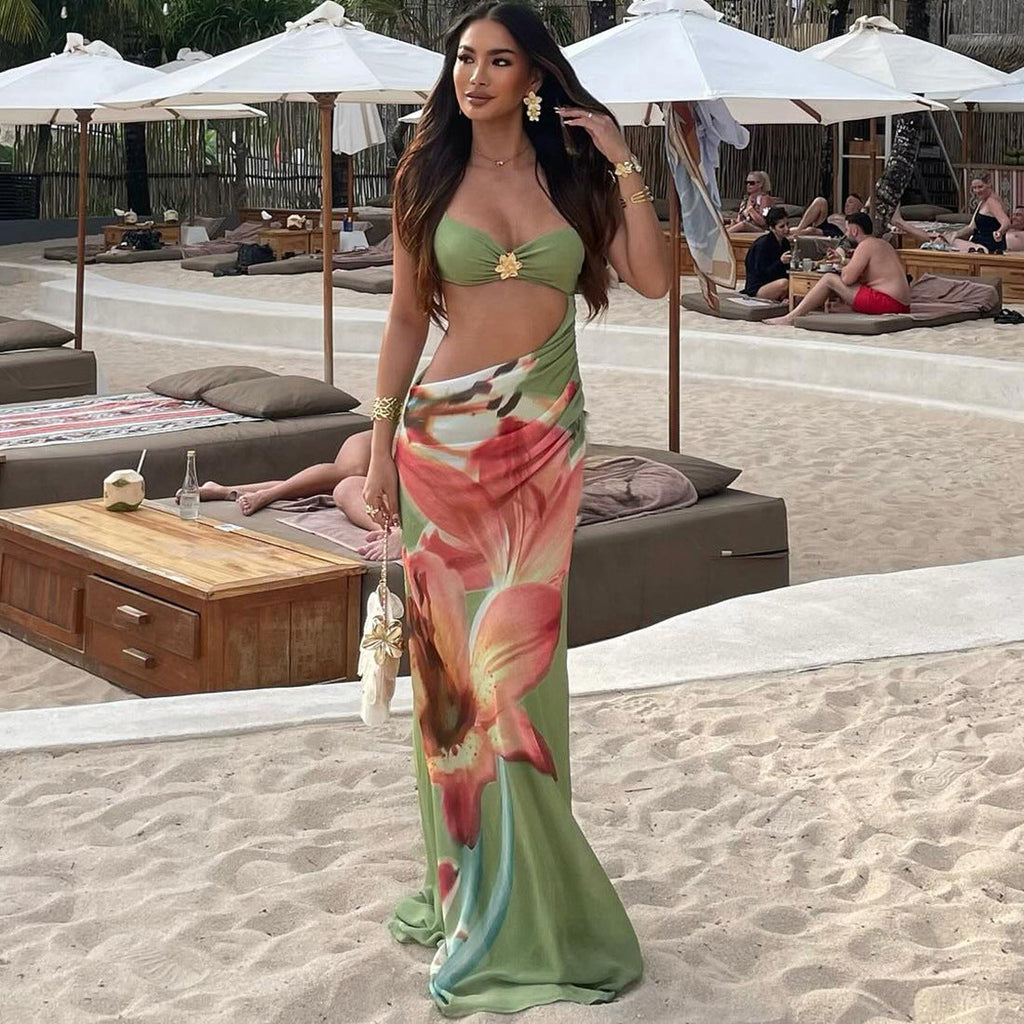 Frühlings-Damenbekleidung Urlaub Sexy Crop Top Umwickelte Brust Spaghetti-Träger Blumenkleid für Damen