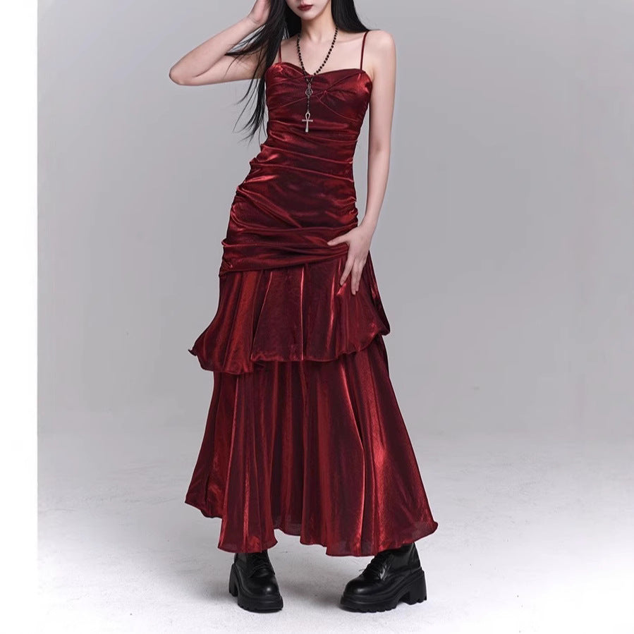 Dunkelrotes Trägerkleid, Konzert-Geburtstagskleid, hochwertiges Partykleidchen