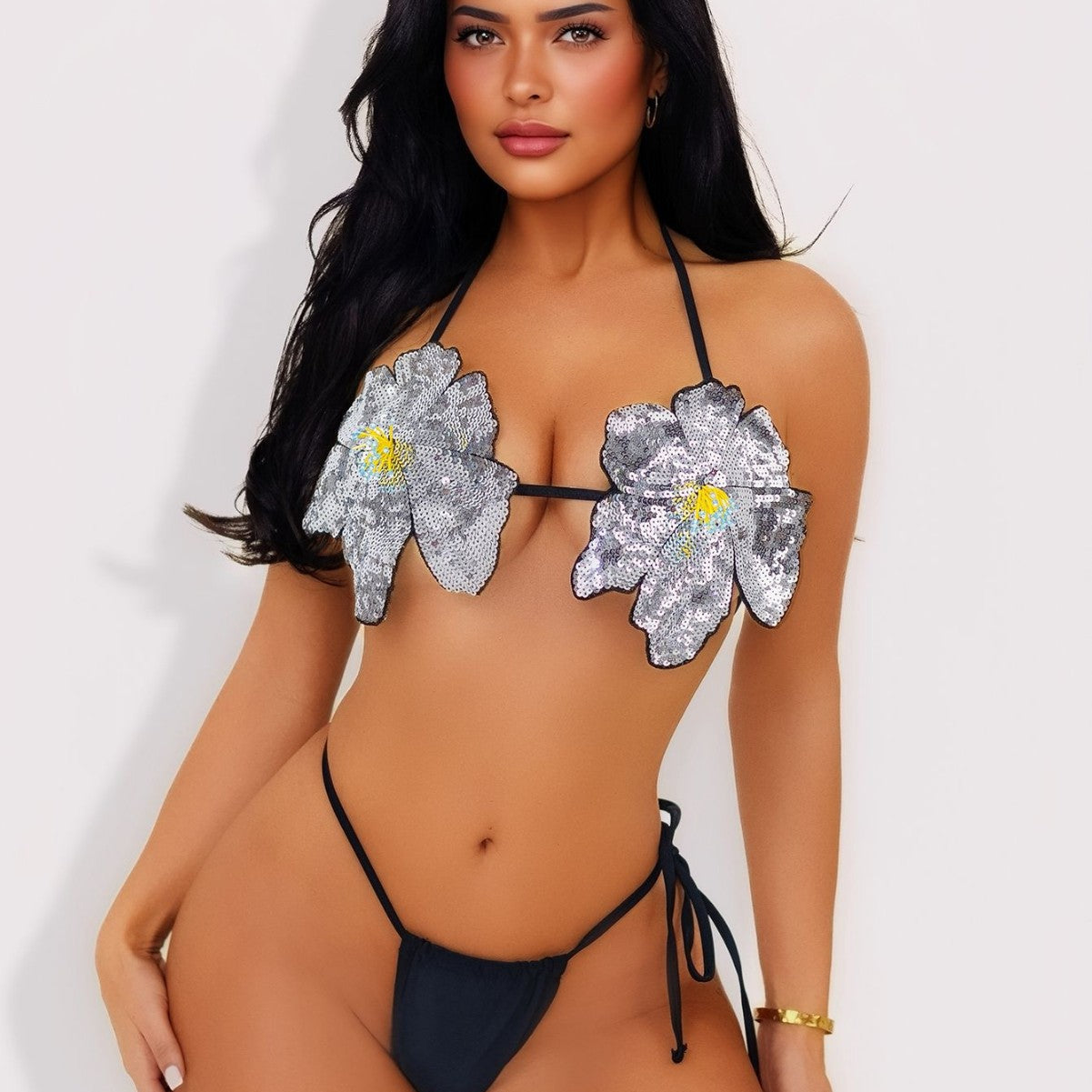 Paillettenbesetzter weißer Blumen-Neckholder-Bikini, dreigeteilter Badeanzug, Träger-Badeanzug sexy Damen
