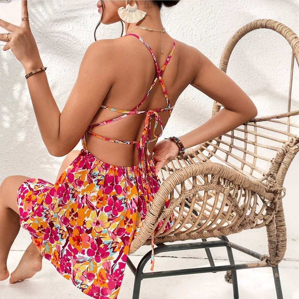 Damenkleidung Urlaubskleid Frühling Sommer Strandurlaub Blumenmuster Eckiger Kragen Kurzes Kleid