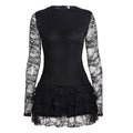 Robe Femme Sexy et Serre, Manches Longues, Transparente en Dentelle, Couches, Col Rond, Taille Ajustée, Coupe Trapèze