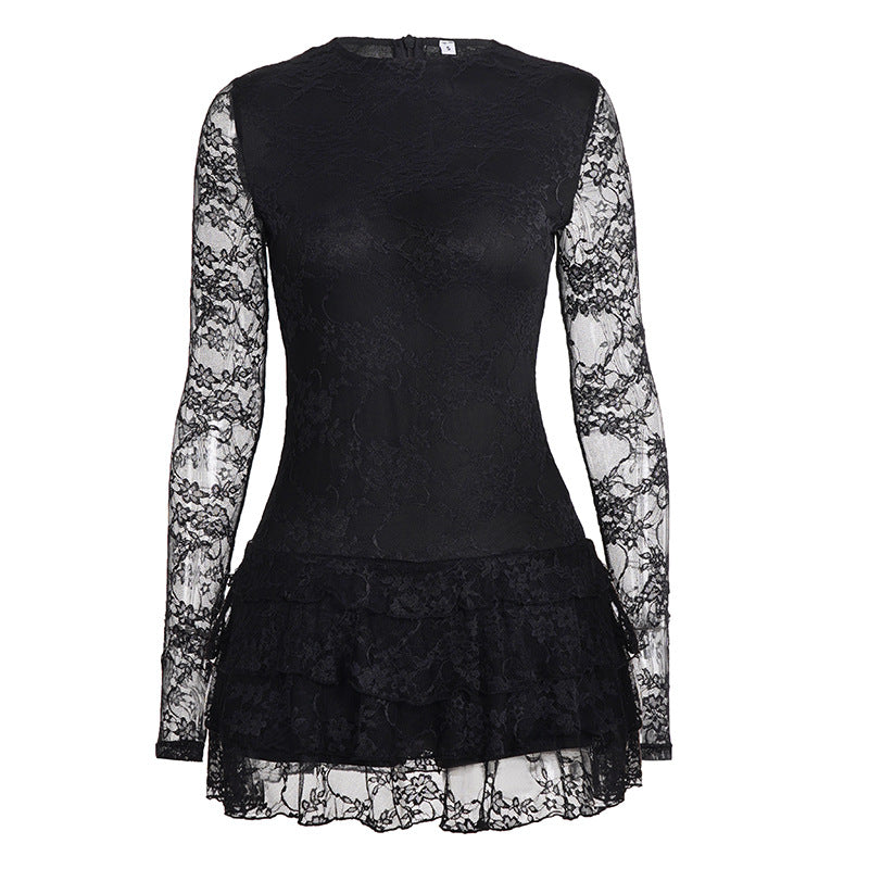 Robe Femme Sexy et Serre, Manches Longues, Transparente en Dentelle, Couches, Col Rond, Taille Ajustée, Coupe Trapèze
