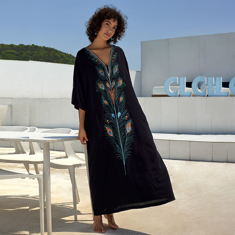 Robe longue de plage ample en coton imprimé, veste, paréo, chemisier