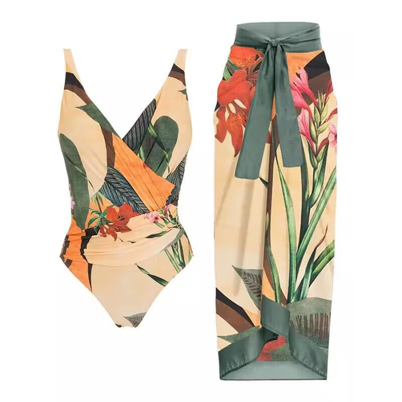 Zweiteiliger Bikini-Set, bauchbedeckend, bedrucktes, rückenfreies Scheidenkleid, Badeanzug