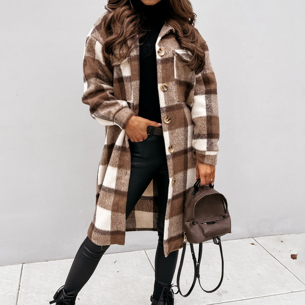 Manteau-chemise long d'hiver en laine, à col, simple boutonnage