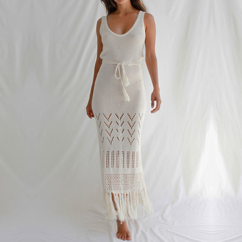 Robe de plage pare-soleil évidée à découpes avec bretelles, robe longue maxi pour femme, blouse de maillot de bain bikini à pompons