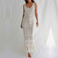 Robe de plage pare-soleil évidée à découpes avec bretelles, robe longue maxi pour femme, blouse de maillot de bain bikini à pompons