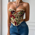 Haut Corset Gilet à Lacets Ajusté à Volants Imprimé Floral Rétro avec Baleines Style Minorité Française