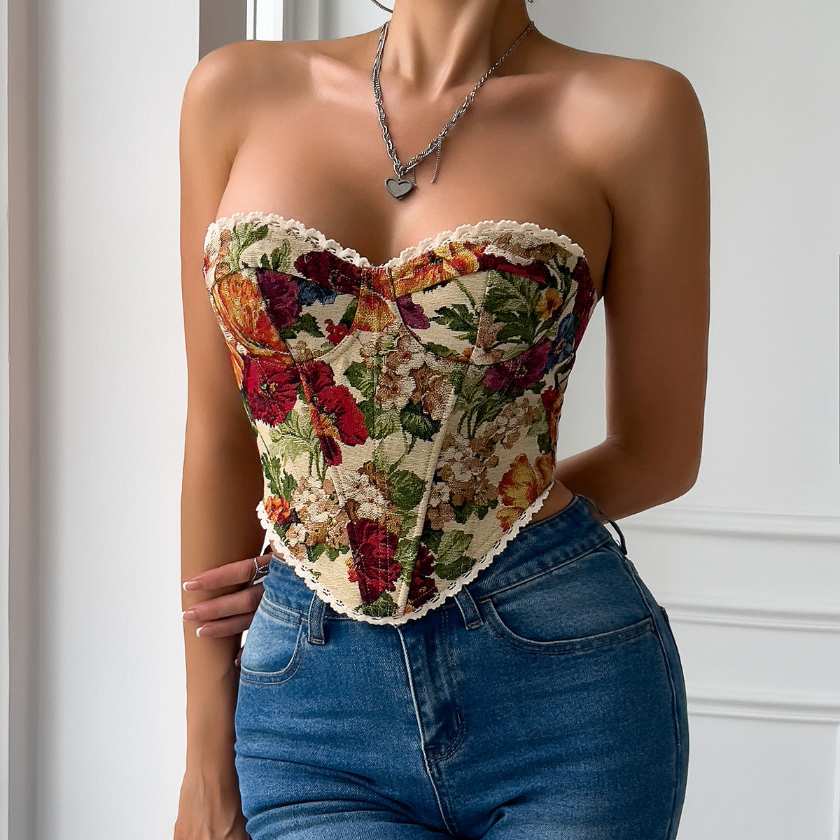 Haut Corset Gilet à Lacets Ajusté à Volants Imprimé Floral Rétro avec Baleines Style Minorité Française