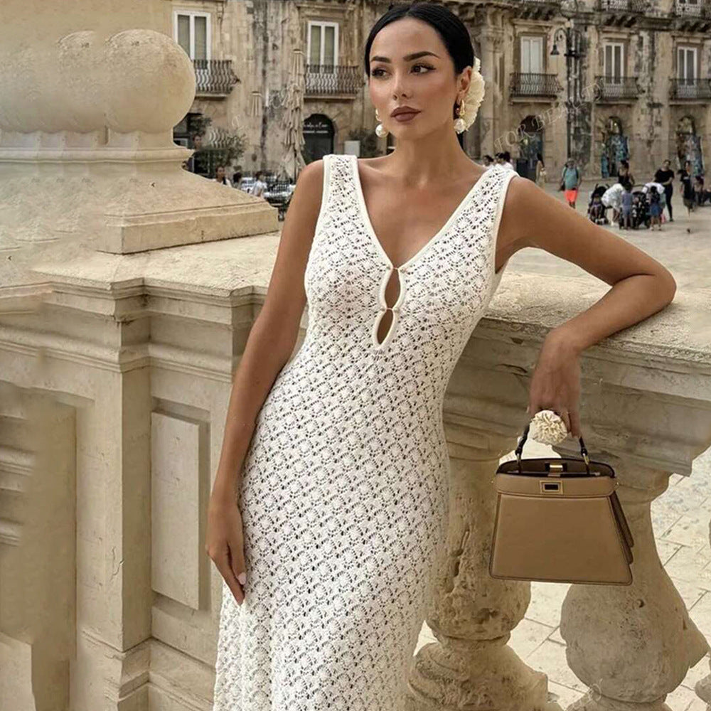 Robe d'été sexy sans manches creuse en maille, robe de plage ajourée, dos nu de haute qualité pour femme