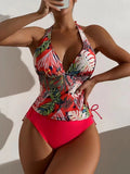 Badeanzug Damen Zweiteiliger Triangel-Bikini mit Schnürung, unifarben, mit Blättermuster