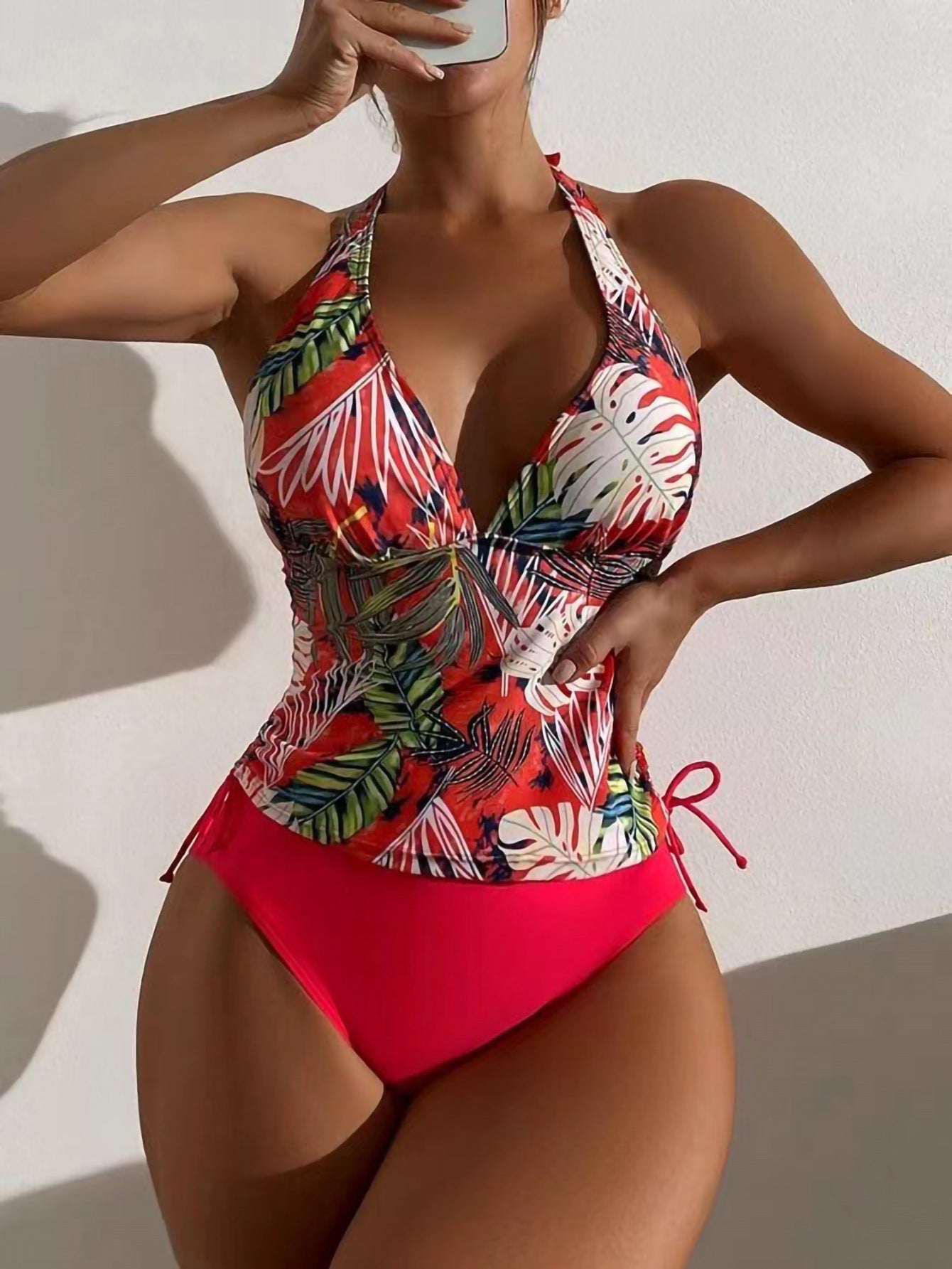 Badeanzug Damen Zweiteiliger Triangel-Bikini mit Schnürung, unifarben, mit Blättermuster