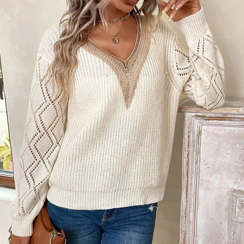 Frühling Herbst V-Ausschnitt Pullover Locker Freizeit Strickpullover Damenstrickmode