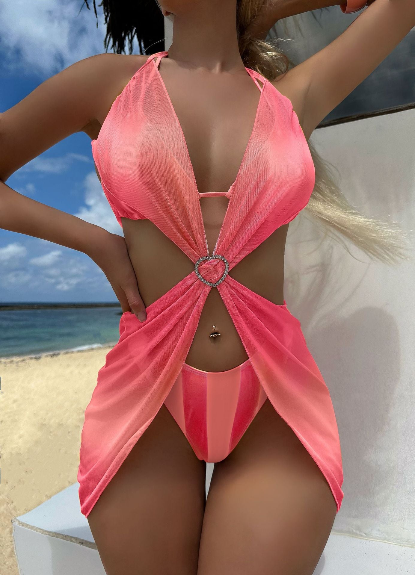 Gestreifter Farbverlauf Liebe Tüllrock Dreiteilige Sets Bademode Badeanzug Bikini