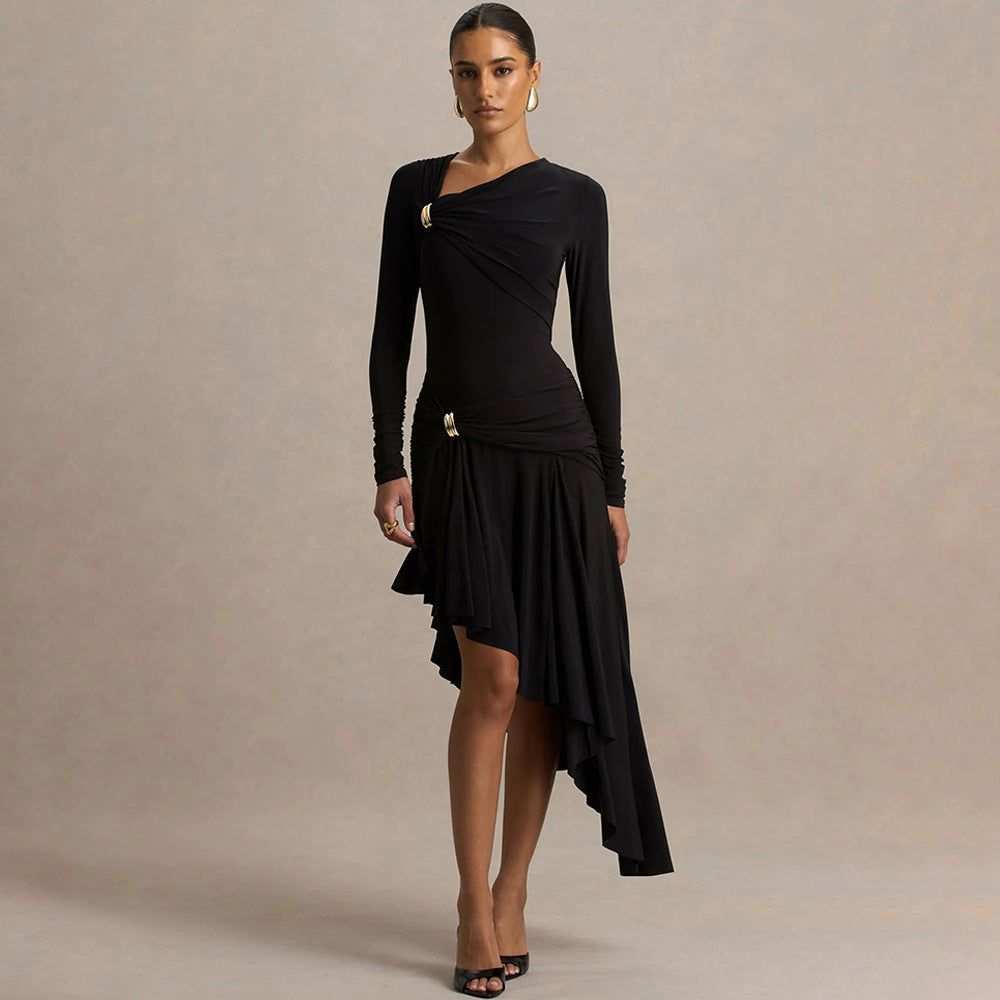 Robe longue asymétrique plissée élégante et sexy pour femme - Collection Automne/Hiver
