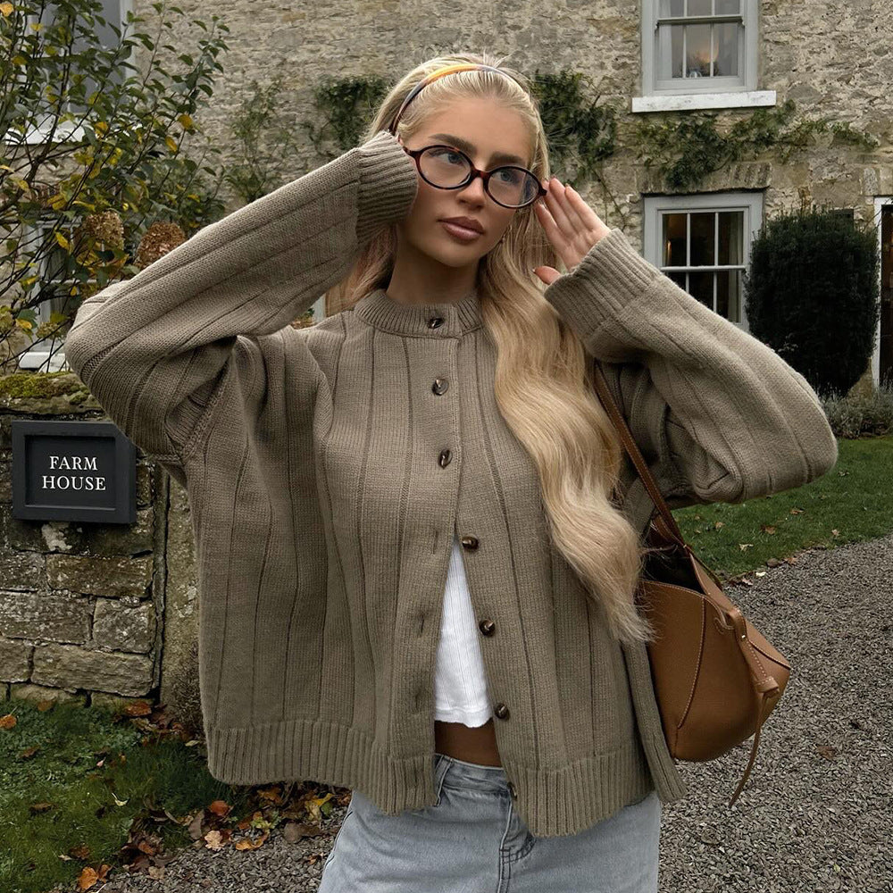 Gilet ample en maille, rayures texturées, col rond, pour femme, collection automne hiver