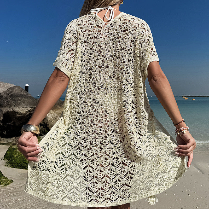 Ausgehöhlter Strick-V-Ausschnitt, locker, seitlicher Kordelzug, geschlitzt, sexy, Urlaub am Meer, Strand, Sonnenschutz