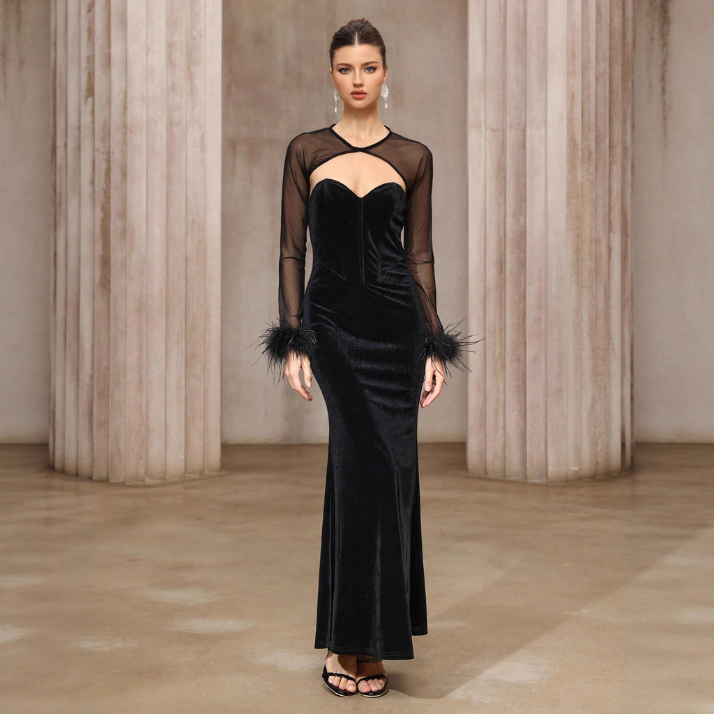 Robe Deux Pièces Haut en Mesh Semi-Transparent Robe Bustier en Velours Dîner Léger Luxe Cheongsam