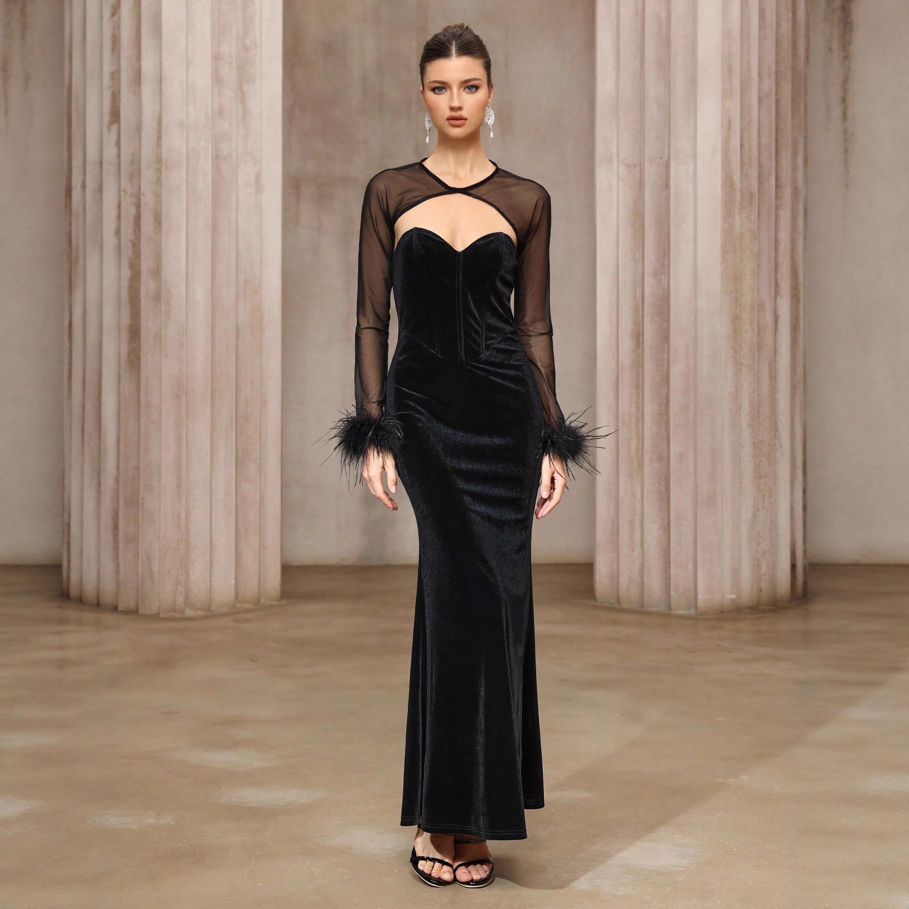 Robe Deux Pièces Haut en Mesh Semi-Transparent Robe Bustier en Velours Dîner Léger Luxe Cheongsam