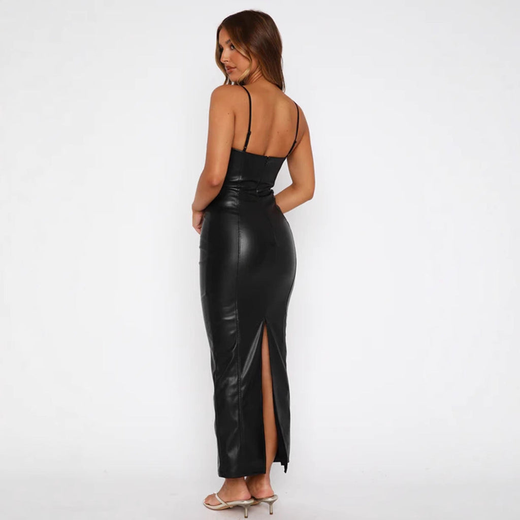 Damenbekleidung Kleid Frühling Sommer Leder Sling Reißverschluss Hinten Schlitz Linie Taillenenge Hüftkleid