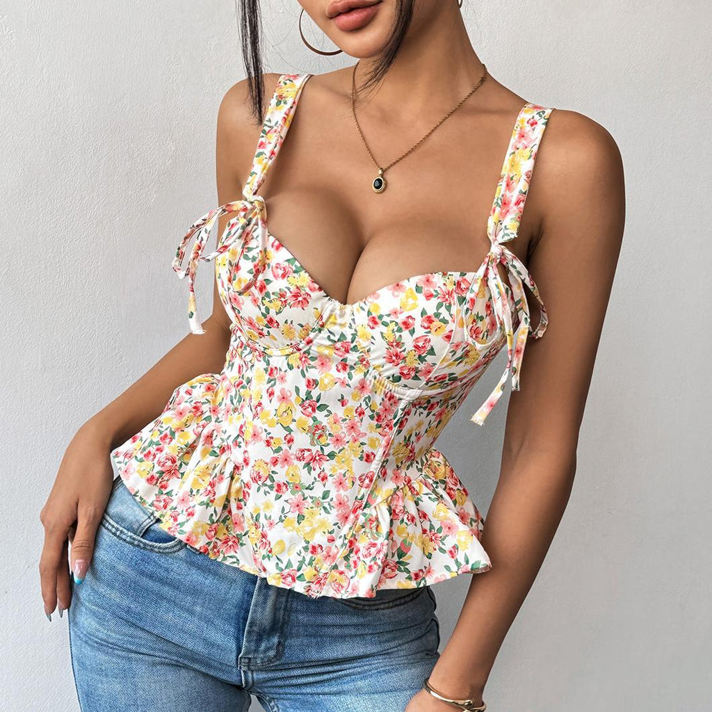 Corset camisole à lacets en coton avec bonnets, ajustement au buste, volants et garnitures de taille, motif floral printemps-été