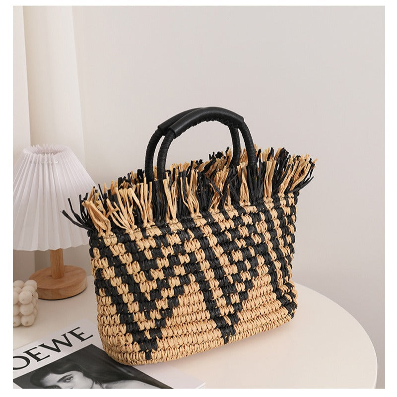 Sac de paille à bords lâches, sac tissé portable à bords lâches de couleur assortie, sac de plage pour les vacances à la mer, sac pour femme
