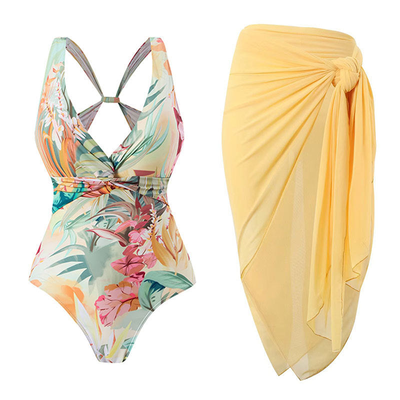 Maillot de bain une pièce femme, coupe conservatrice, imprimé vintage fin, avec coque et jupe en tulle.