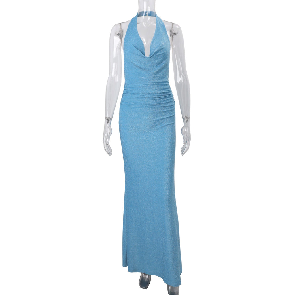 Herbst Damenbekleidung Sexy Neckholder Trägerlos Schwingkragen Einfarbig Hohe Taille Schmale Hüfte Langes Kleid