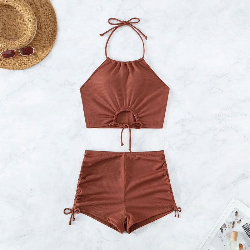 Maillot de bain fendu une pièce de couleur unie pour femmes avec short de sport et bikini de plage