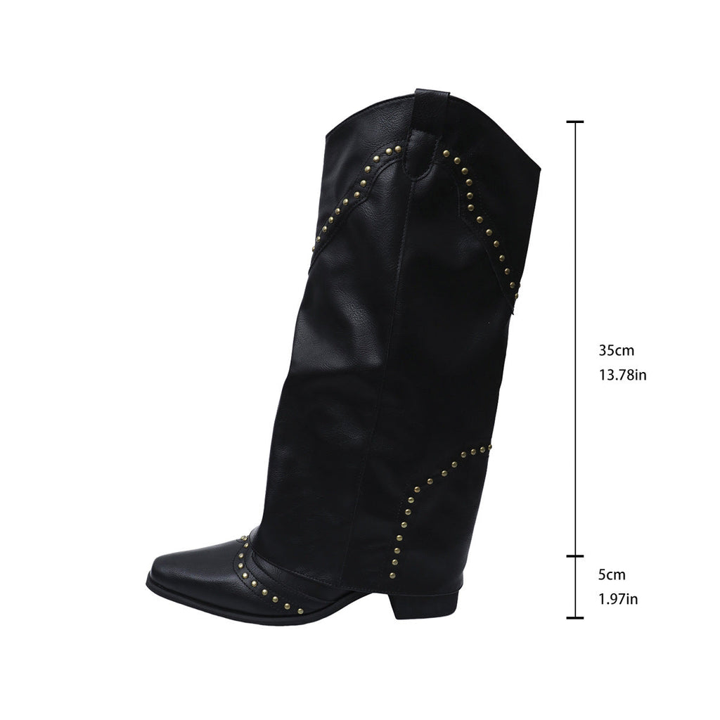 Bottes de chevalier à talon mi-haut et bout pointu pour femme, bottes longues de cow-boy Western rétro à rivet, montantes et à enfiler