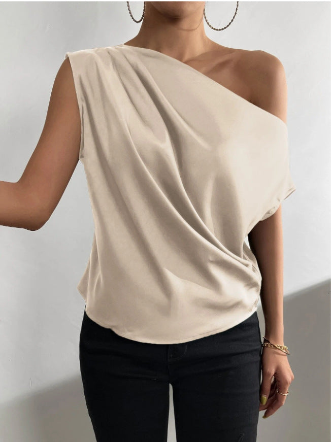 Frühling Einfarbig Satin Kunstseide Irregulär Asymmetrisch Schulterfrei Pullover Ärmelloses Hemd Damen Kleidung