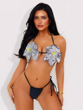 Paillettenbesetzter weißer Blumen-Neckholder-Bikini, dreigeteilter Badeanzug, Träger-Badeanzug sexy Damen