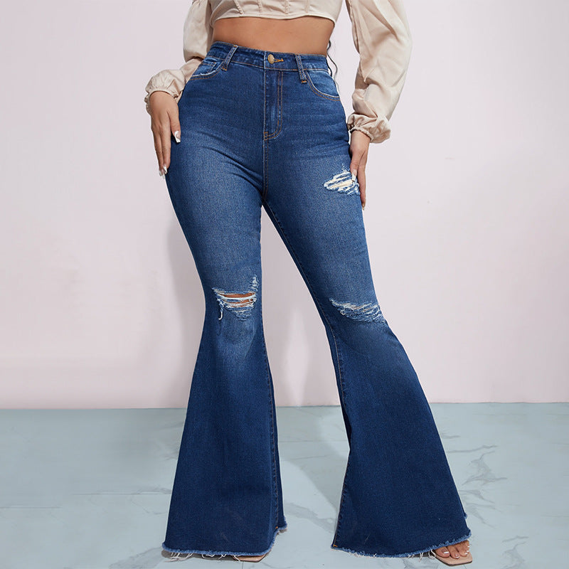Jeans Neuheiten Hohe Taille Stretch Schlaghose Hüfthebende Jeanshosen Damen Ripped Denim