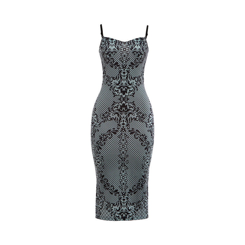Herbst Winter Damenbekleidung Träger Tiefer Ausschnitt Rückenfrei Print Rückenschlitz Schmal geschnittenes figurbetontes sexy Kleid