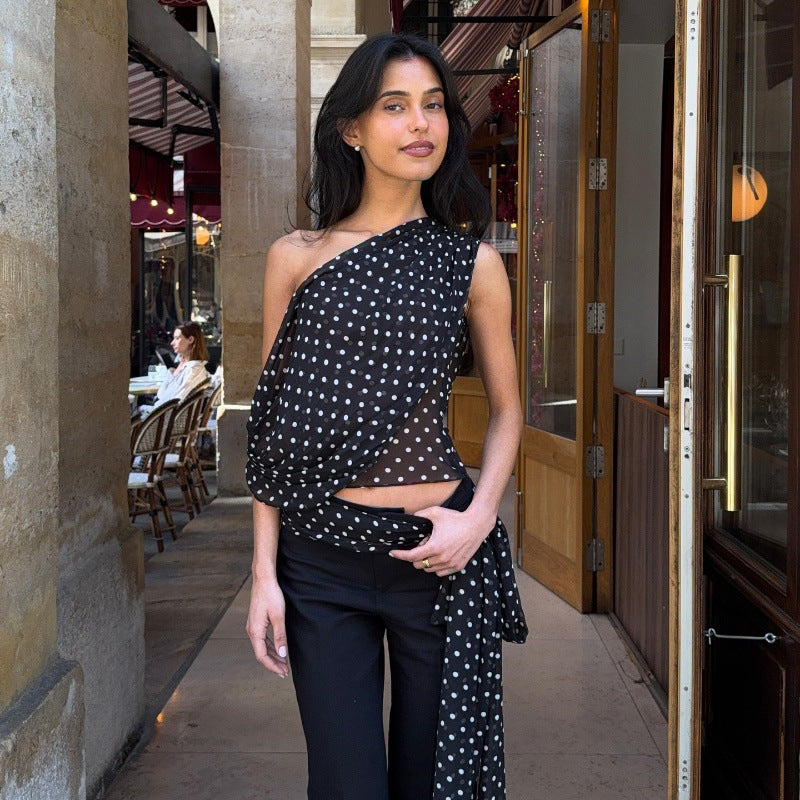 Damenbekleidung Sommer Sexy Carmen-Ausschnitt Tupfen Chiffon Durchsichtig Unregelmäßiges Asymmetrisches Top Damen