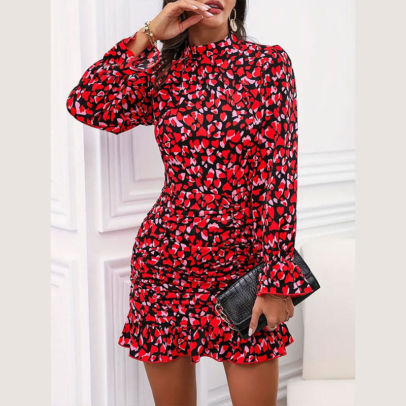 Robe Longue D'été Élégante à Imprimé et Manches Longues, Col Montant et Volants sur les Hanches
