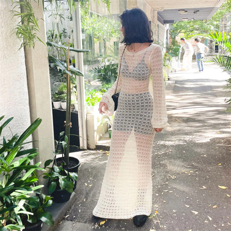 Sexy rückenfreies Strickkleid mit hohlen Cut-Outs, durchsichtigem Fischnetz, langen Ärmeln, Sommer-Sonnenschutz, Strandkleid für Damen
