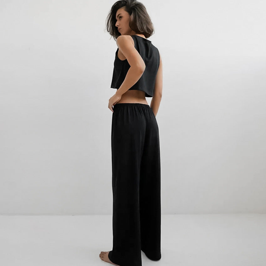 Ensemble deux pièces sans manches gilet et pantalon tricoté émerisé pour femme, collection Printemps-Été