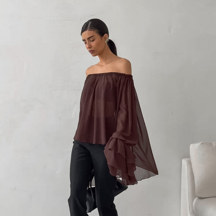 Herbst Winter Retro Elegant U-Boot-Ausschnitt Braun Chiffon Lockere Sexye Off-Shoulder-Oberteil Rüschenbluse