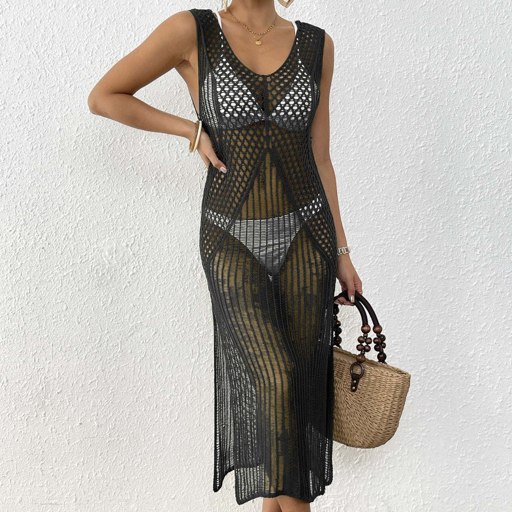 Damen Urlaubsstrandkleid Damenbekleidung Hohl geschnittenes gewebtes Hemd-Westenkleid Langes Kleid Sexy Schlitzkleid