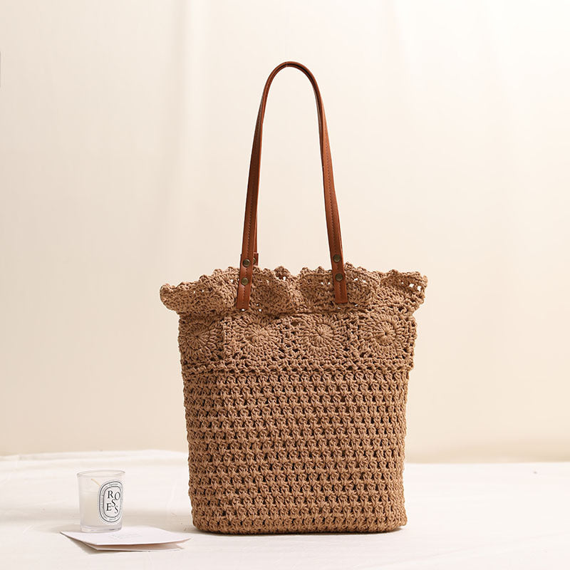 Aushöhlen Ausgeschnitten Floral Einzelner Schulter Baumwollfaden Gewebte Tasche Spitze Strohtasche Urlaub Strandtasche Büro Damentasche