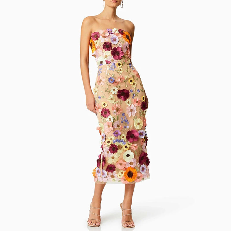 Elegantes Kleid dreidimensionale Blumenstickerei eng anliegendes Tube-Top-Kleid für Damen