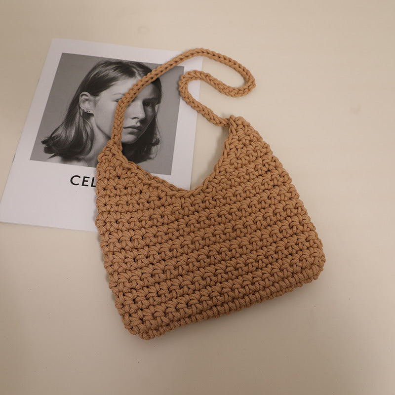 Sac à bandoulière simple en fil de coton tissé, sac à bandoulière de couleur unie pour femme, sac décontracté sous le bras, sac de plage de vacances